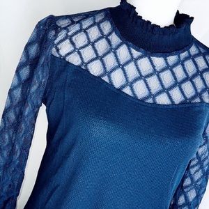 NWOT Navy Blue Sheer Sleeve Waffle Knit Top, Sz M